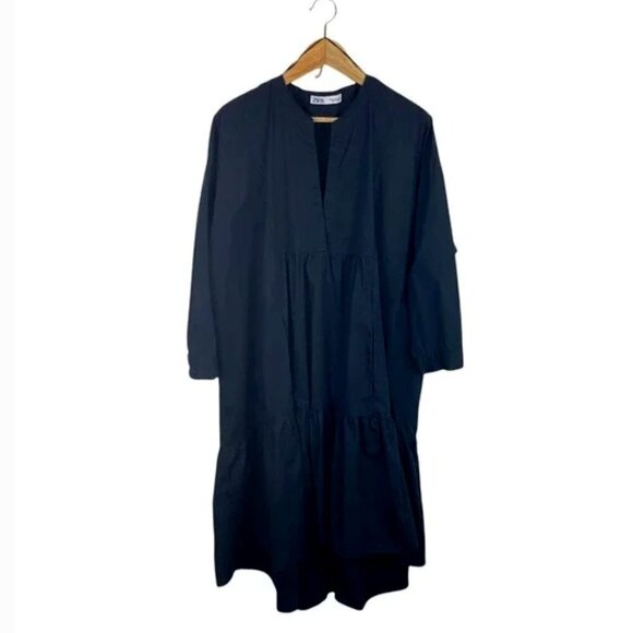 ZARA Black Oversized Voluminous Asymmetric Poplin V-neck Ruffle Shirt Dress XS - Picture 4 of 9